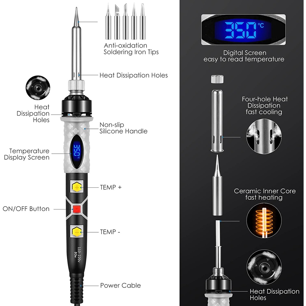 80W Digital Soldering Iron with 5pcs Tips, Adjustable Temperature and Fast Heating Thermostatic Design, for Electronics Repair and DIY
