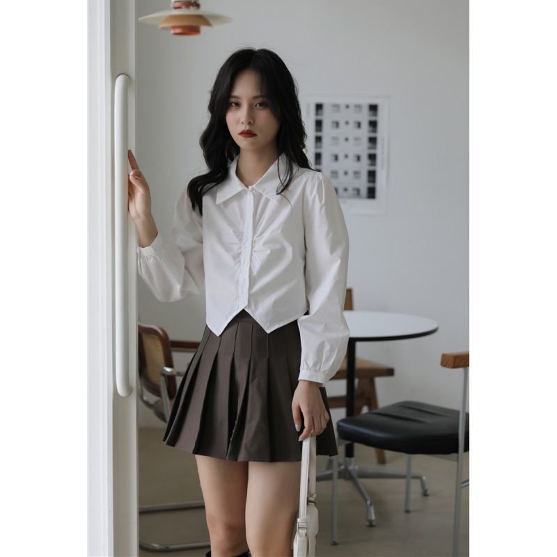 IELGY women's French long sleeve short puff sleeve white shirt