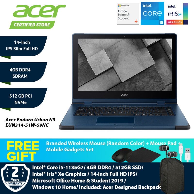 Acer Enduro Urban N3 EUN314-51W-59NC Laptop NR.R18SM.001 Denim Blue / i5-1135G7/ 4GB/ 512GB SSD/ Intel Iris Xe Graphics/ 14-Inch/ Win 10/ Microsoft Office Home & Student Malaysia