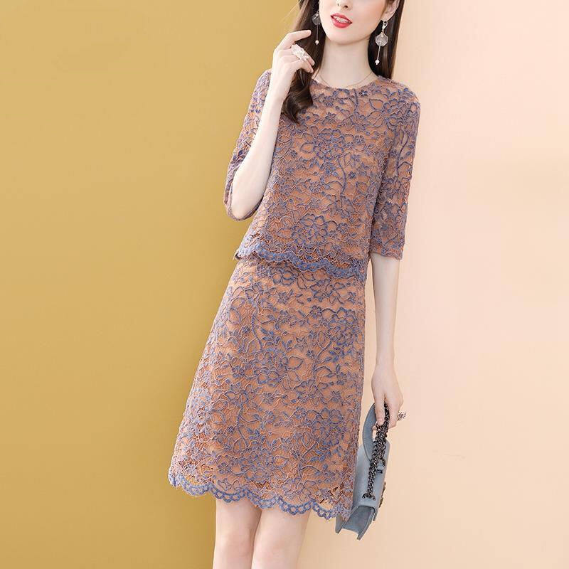 Fashion goddess fan suit female 2022 spring and autumn new elegant temperament slim lace top skirt two-piece skirt suit