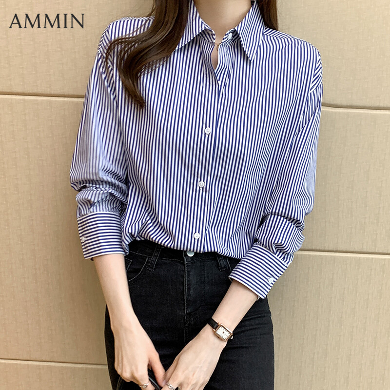 AMMIN New Long Sleeve Chiffon Striped Shirt For Women Professional Long Sleeve All-match Top Lady Casual Simple Striped Blouse