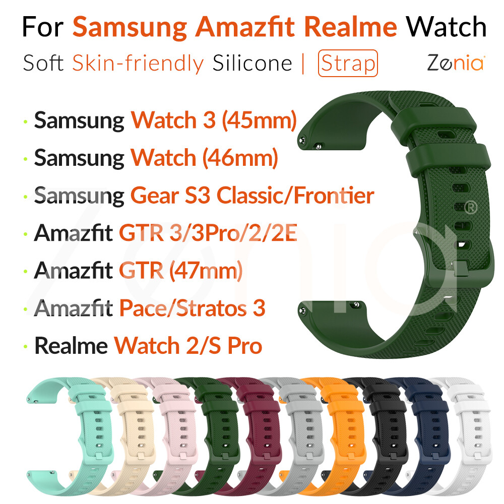 Zenia 22mm Skin Waterproof Soft Silicone Watchband Watch Strap for Samsung Galaxy Watch 3 45mm/46mm, Gear S3 Classic/Frontier, Gear 2 Neo Live R380/R381/R382 for Amazfit GTR 47mm 2E GTR2 Stratos Stratos+ 3 Pace for Realme S Pro Mi Smart Sport Watch