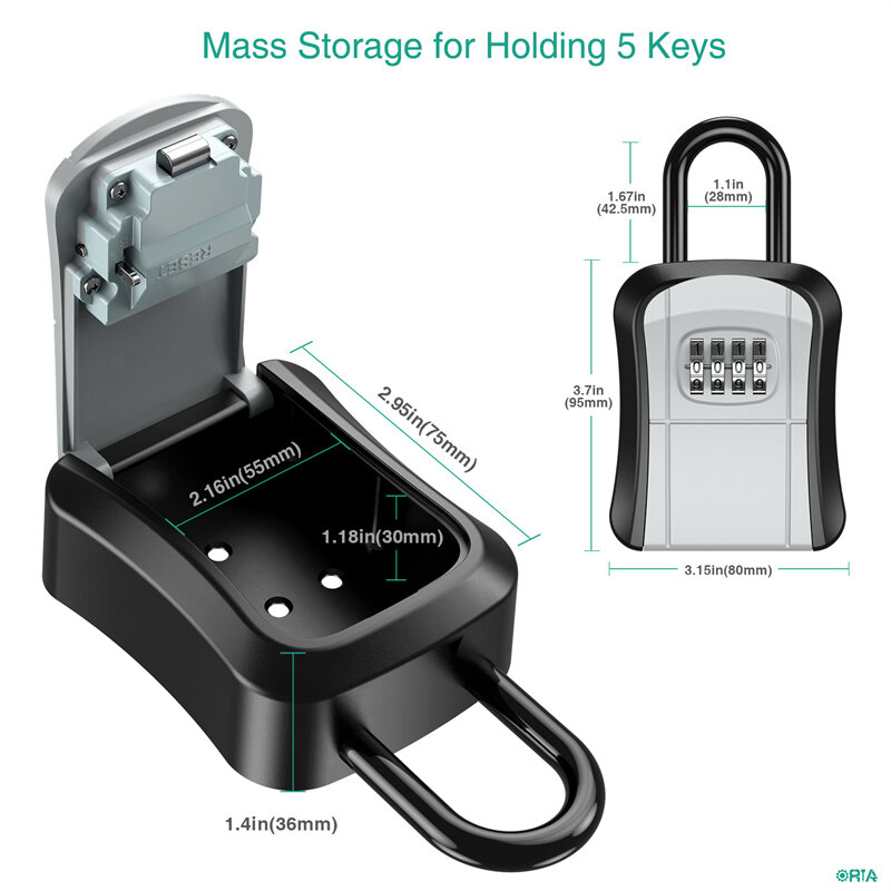 ORIA Key Storage Lock Box, 4 Digit Combination Key Safe Security Box 5 Keys Capacity for House Key Storage Combo Door Locker