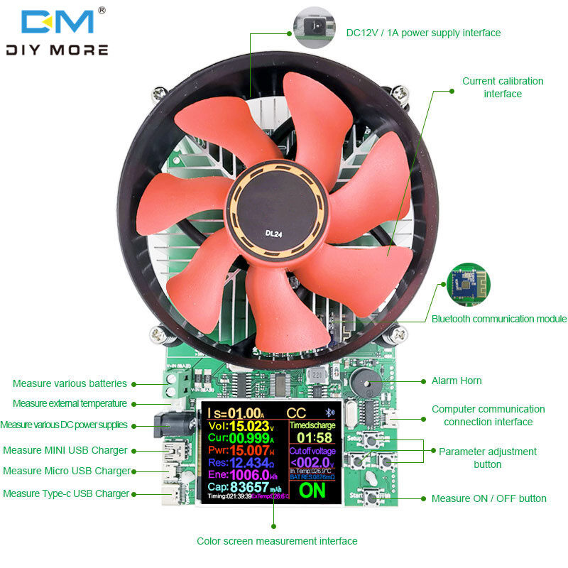 diymore DL24/DL24P 150W/180W CNC điều chỉnh hiện tại xả tải lão hóa Tester Màn hình LCD DC USB điện áp hiện tại Tester