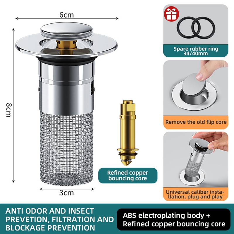 Stainless Steel Floor Drain Filter Washbasin Plug Anti Odor Pop-Up Bounce Core Basin Stopper Hair Catcher Shower Sink Strainer
