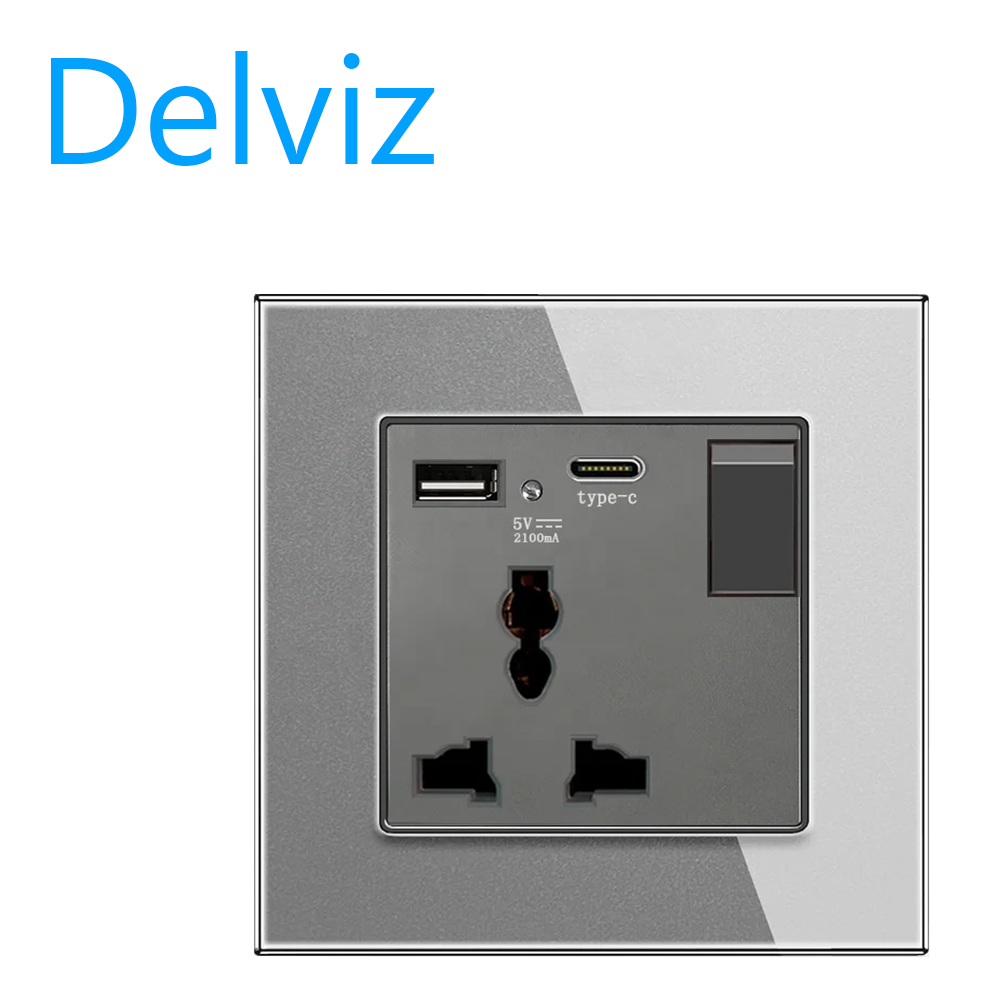 Delviz Crystal Glass Panel, 13A Electric plug Outlet, 2A USB C Port, With Switch control Type C USB Wall Universal Power Socket