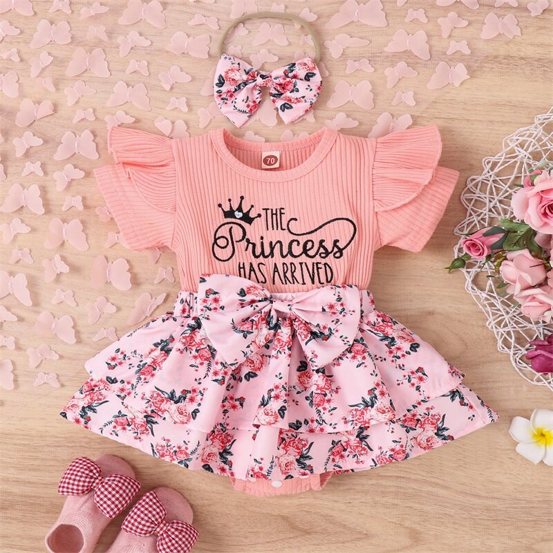 0-24M Baby Girls Romper with Headband Flower Print Fly Sleeve Crew Neck Summer Skirt for Toddlers