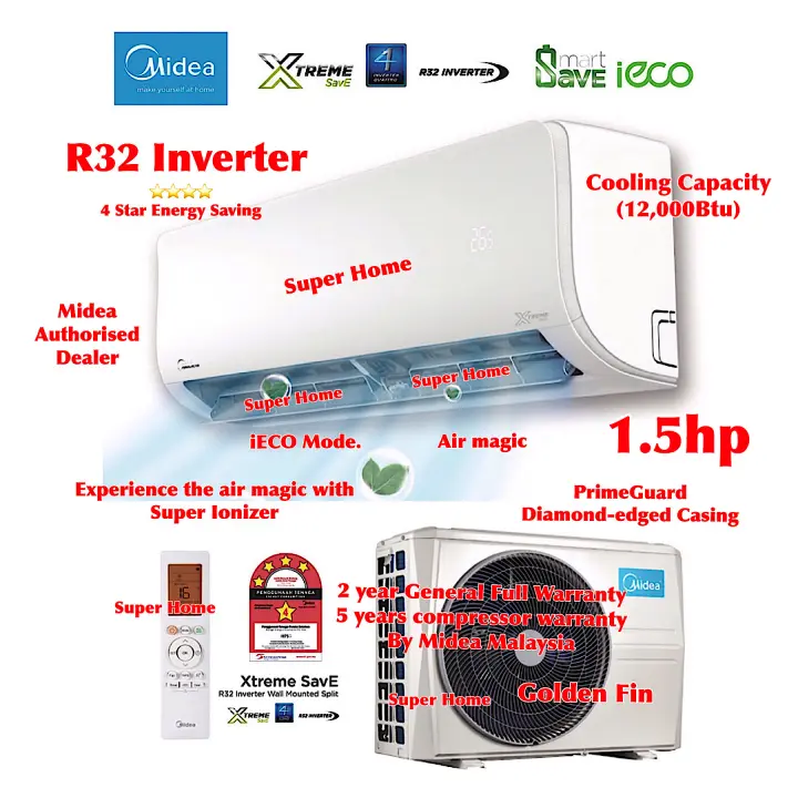 Midea Xtreme Save 1 5hp R32 Inverter Super Ionizer Wall Mounted Split Air Conditioner Msxs 13crdn8 R32 Refrigerant Inverter Aircond Lazada