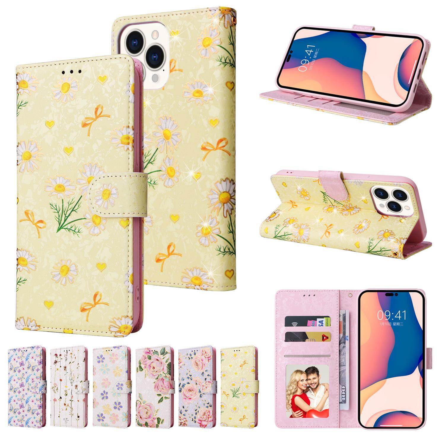 Cute Flip Phone Wallet For iphone 7 8 plus x xs max 11 12 13 14 pro max Lady with Card slots Phone case Flip Leather Flower Case