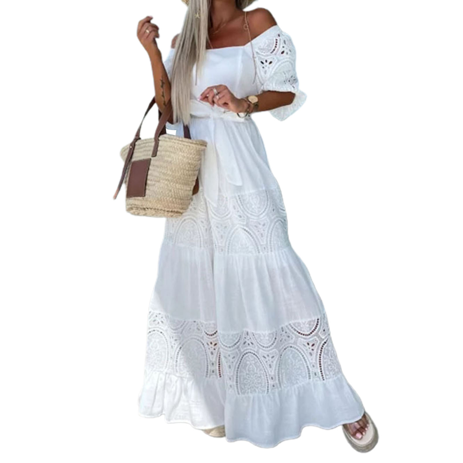 Square Collar Puff Half Sleeves Maxi Dress Belt Lace Stitching High Waist Ruffle Flowy Hem Solid Color Casual Dress Streetwear