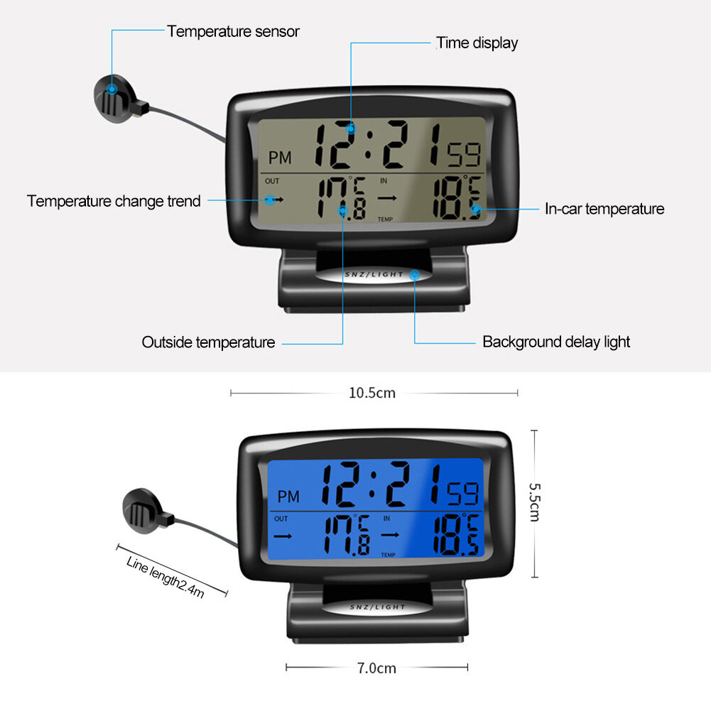 JaneDream Car Thermometer Digital Alarm Clock Auto Temperature Gauge Backlight Electronics Accessories