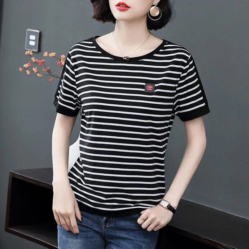 Áo Thun Cotton Kẻ Sọc Đen Cho Nữ Áo Ngoại Cỡ Nữ Tay Ngắn Phong Cách Đơn Giản Mới Mùa Hè 2021, Áo Thun Dáng Rộng