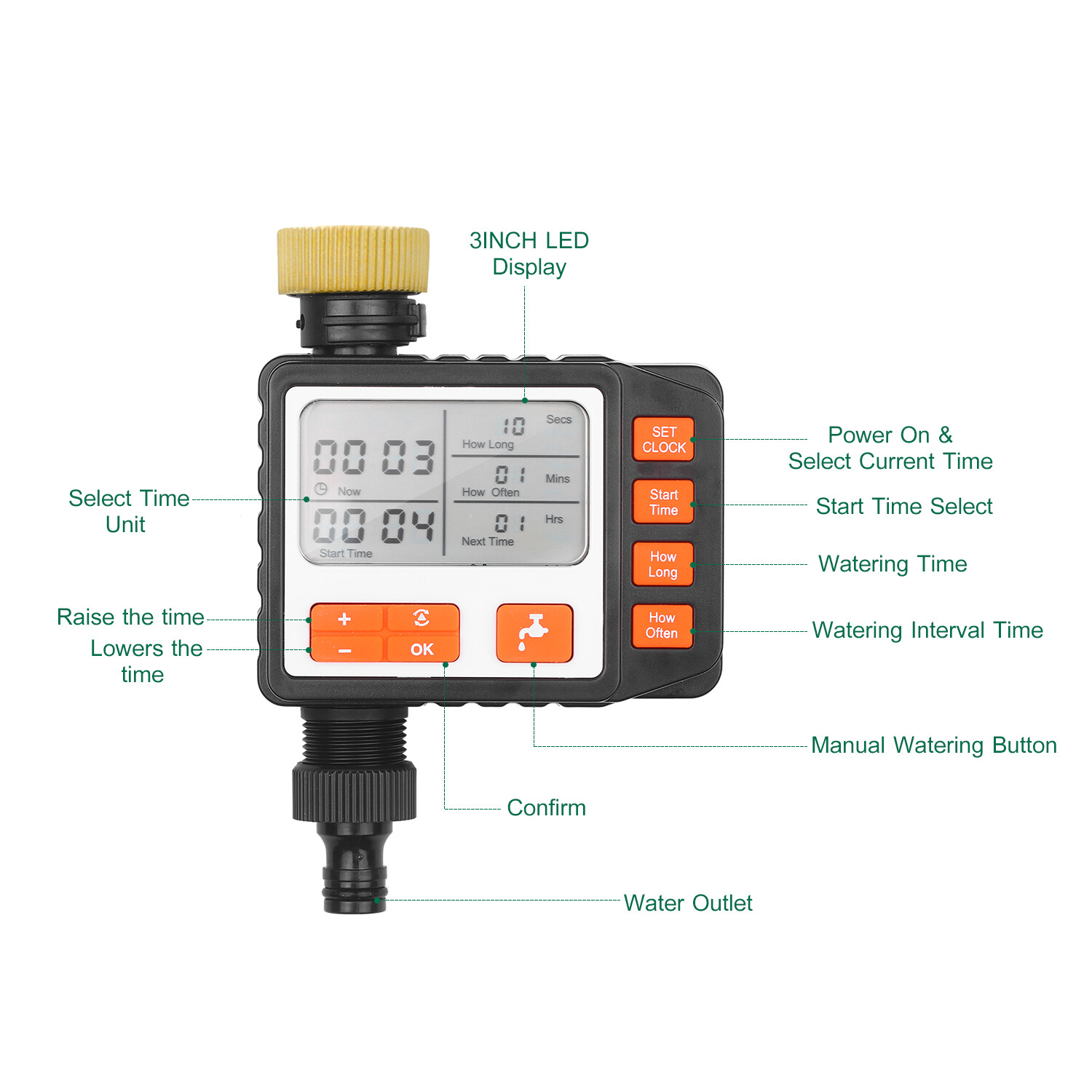 Digital Water Timer Programmable Outdoor Single Outlet Automatic On Off Water Faucet Hose Timer Irrigation System Controller with Manual Mode 3in Large Screen