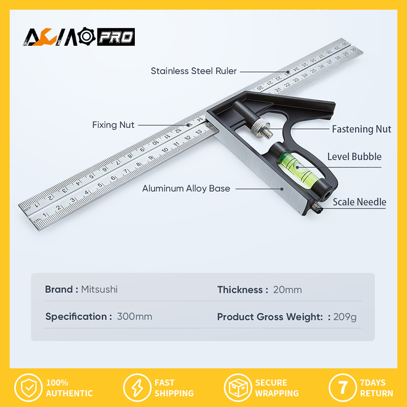 AumoPro 1 Chiếc Đồng Hồ 300Mm Điều Chỉnh Thước Kẻ Góc Vuông Kết Hợp Độ 45/90 Độ Với Ống Bọt Nước Thợ Mộc Đa Năng Công Cụ Đo Lường