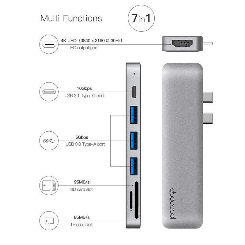 dodocool Aluminum Alloy 7-in-1 Multiport Hub with Dual USB-C Connectors 4K Video HD Output Port SD/TF Card Reader USB 3.1 Type-C Port and 3 SuperSpeed USB 3.0 Ports for MacBook Air 2018 and MacBook Pro 2016 / 2017 / 2018 Gray