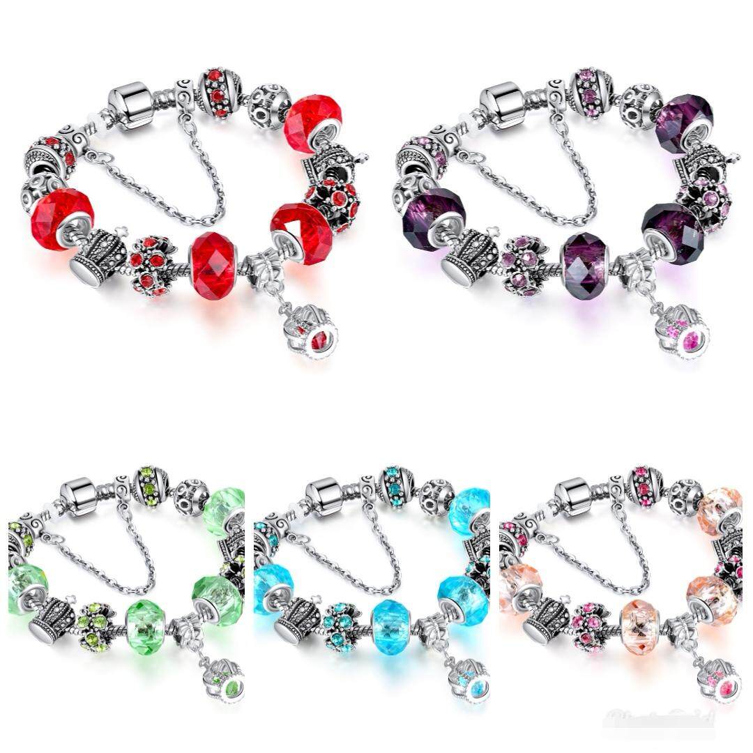 European Silver Plated Crown Bracelet Charm Crystal Glass Beads Women Jewelry