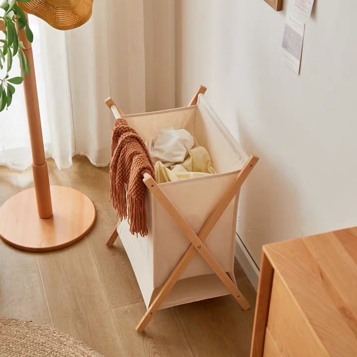 Collapsible Wood X-Frame Laundry Hamper with Fold Over Lid