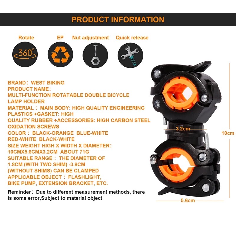 WEST BIKING Bicycle Rotating Light Double Holder LED Front Flashlight Pump Lamp Handlebar Seatpost 360 Degree Rotation MTB Bike Cycling Light Holder