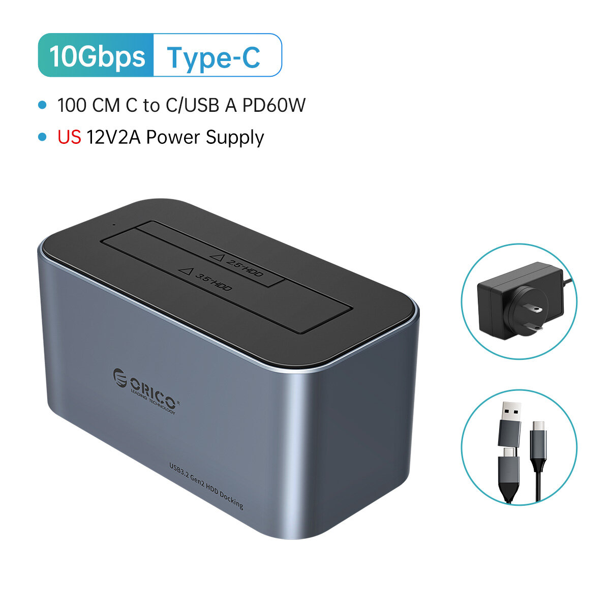Orico aluminum dual-bay hard disk docking station type-c 10gbps with offline clone 2.5/3.5" hdd case heat dissipation stronger