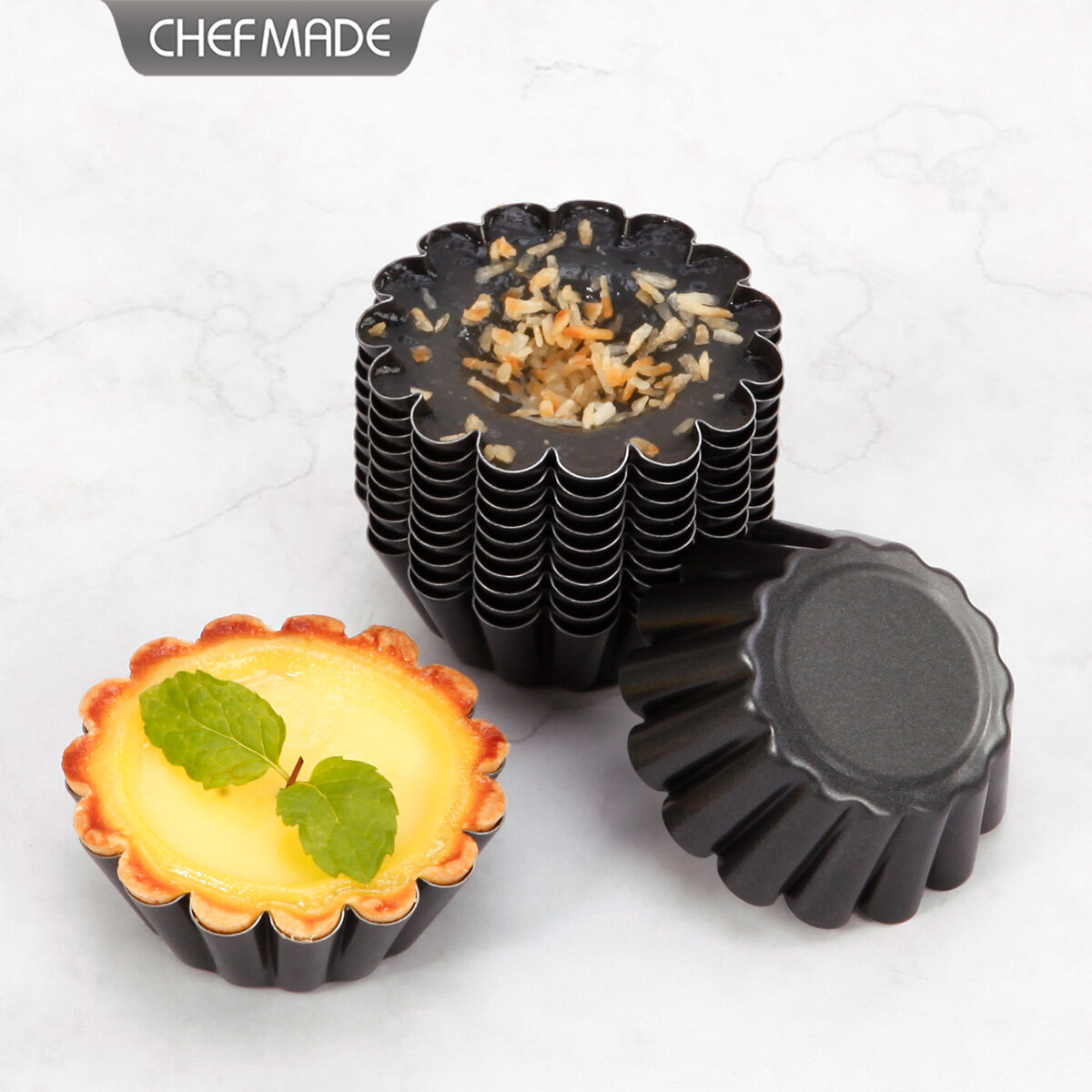Chefmade non-stick 2.5" tart pan set living bottom chrysanthemum pie plate non-stick tart plate household baking mold commercial hard film round pizza baking pan wk9977-12