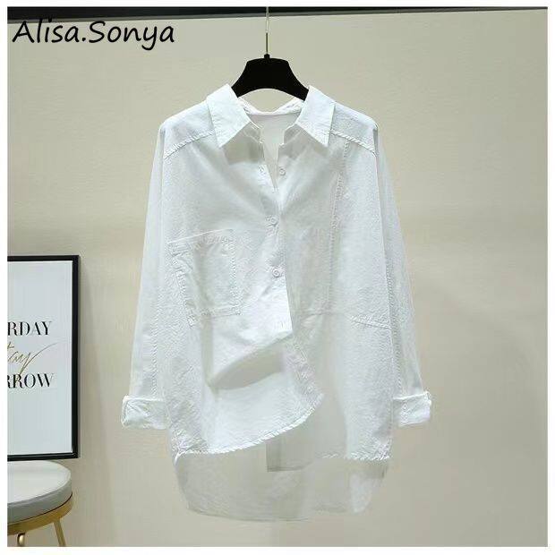 Alisa.Sonya Áo Sơ Mi Trắng Cotton Cho Nữ Áo Cánh Dài Tay Cơ Bản Màu Trơn Cài Cúc Thời Trang Cơ Bản Phong Cách Hàn Quốc Cho Nữ