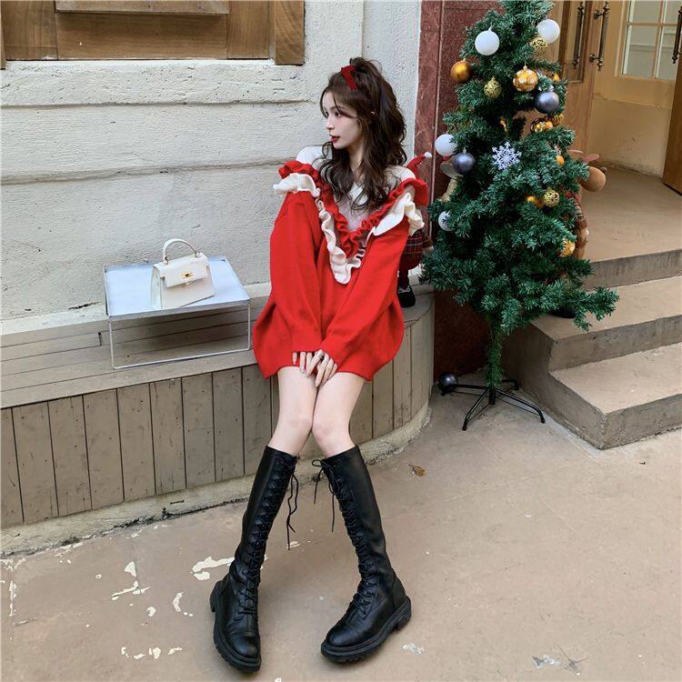 IELGY giáng sinh màu đỏ áo len cổ chữ V phụ nữ xù dáng rộng ấm áp Áo len dệt