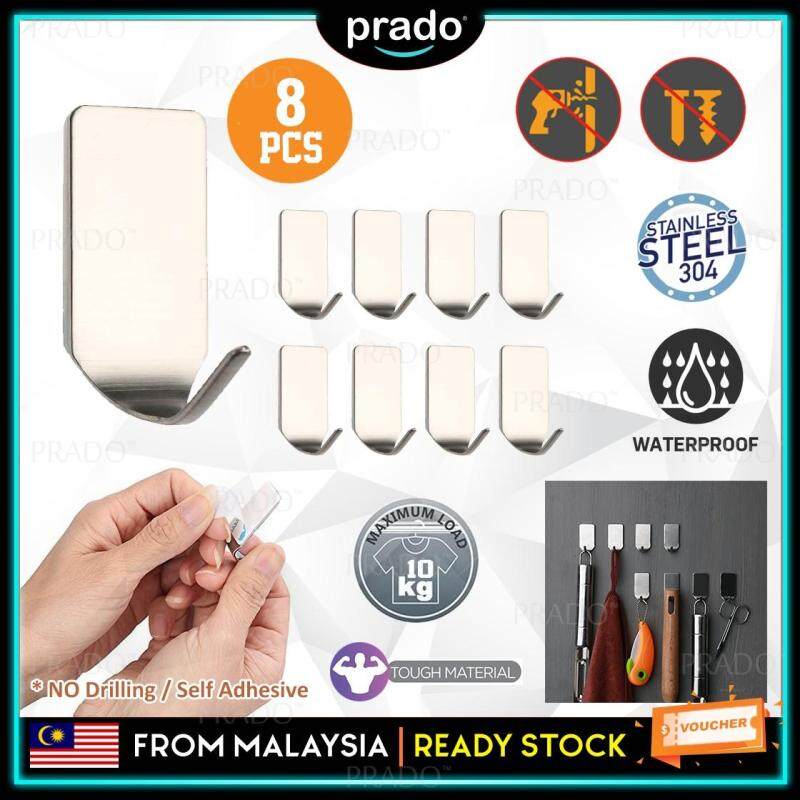 PRADO Malaysia No-Drill 8pcs Hooks 3M Self Adhesive Strong 304 Stainless Steel Key Rack 3-Hook Rail Hotel Kitchen Bathroom Storage Organizer Wall Mount Hangers