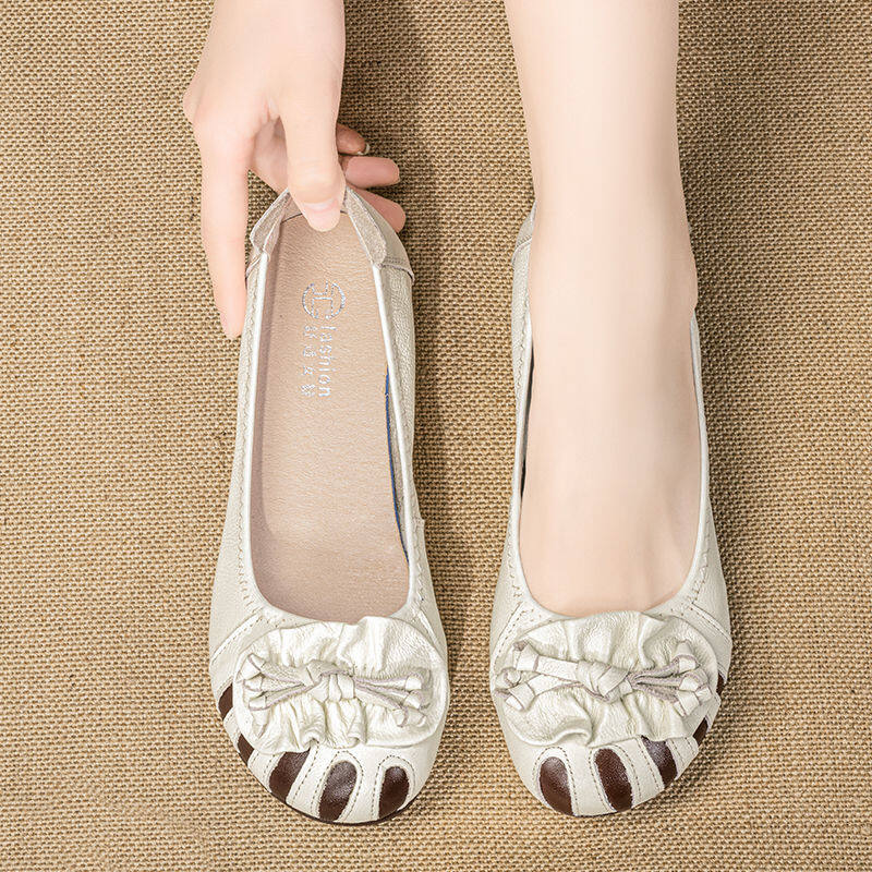 Leather soft bottom mother shoes Peas shoes new one pedal beef tendon bottom round toe flat bottom shallow mouth single shoes women