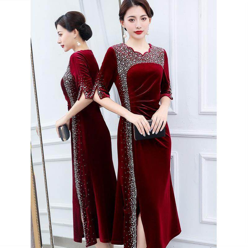 Mom dresses high -end foreign style gold velvet cheongsam Kochi Western style in September wedding banquet dress autumn and winter
