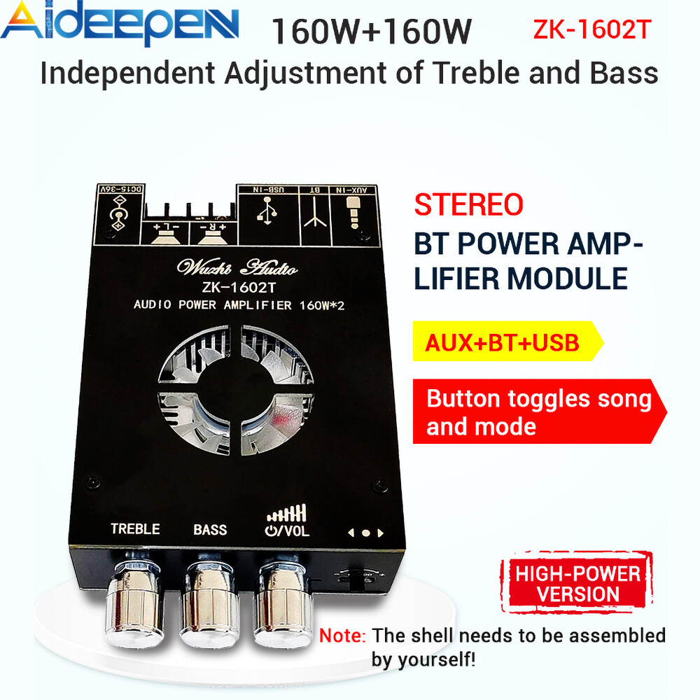 Original aideepen zk-1602t bluetooth audio power amplifier board module tda7498e 160w*2 high and bass adjustment