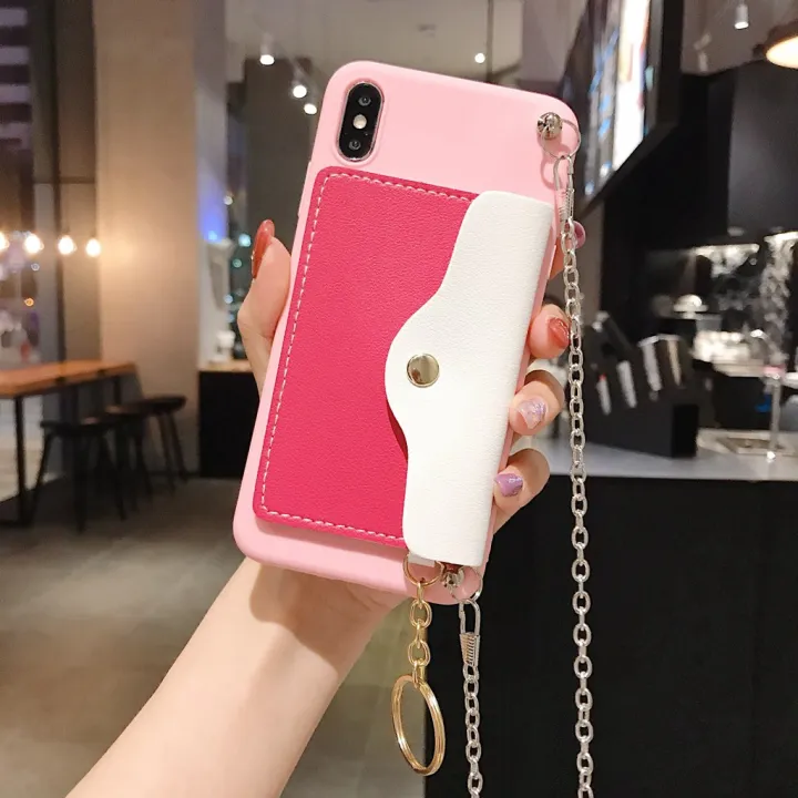 Casing Hp Lembut Casing Ponsel Lembut Matte Dengan Saku Kulit Tali Rantai Gantung Tas Kartu Untuk