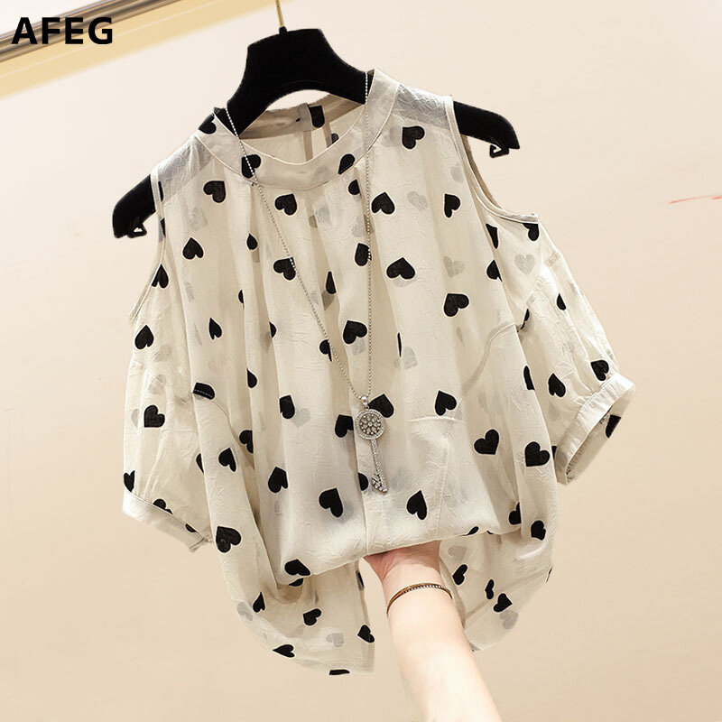 AFEG new Korean style women's short-sleeved off-the-shoulder printed blouse for women