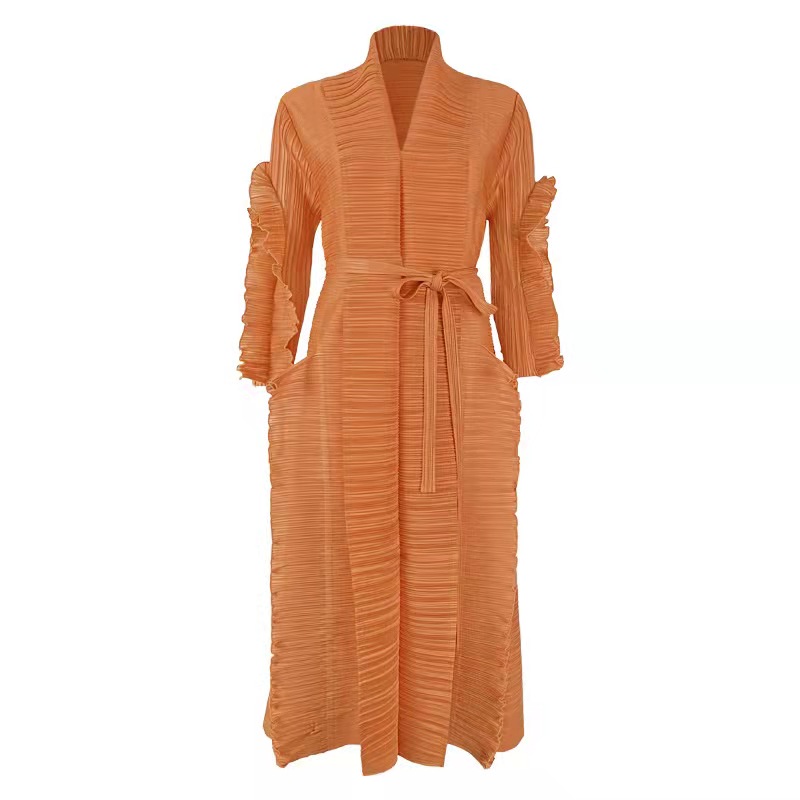 Sunya 1 Miyake solid color dress summer temperament high-end v-neck long-sleeved pleated party skirt women T507V