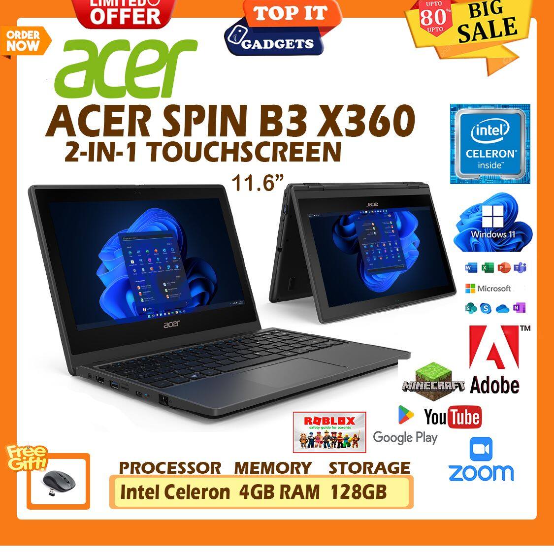 ACER TRAVELMATE SPIN B3 X360 2IN1 TOUCHSCREEN ULTRABOOK INTEL