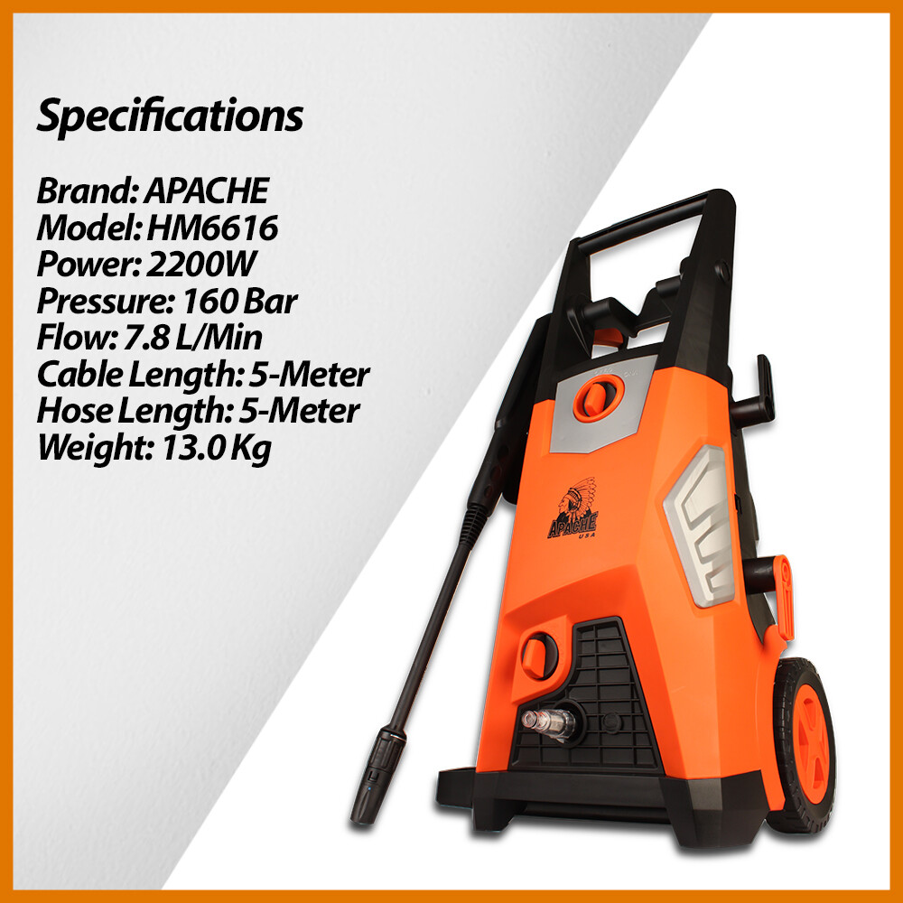 Apache Turbospray Hm6616 160 Bar High Pressure Cleaner Water Jet Pump Sprayer Washer Car Wash Machine Jet Pencuci Super Powerful Heavy Duty Motor 2 Year
