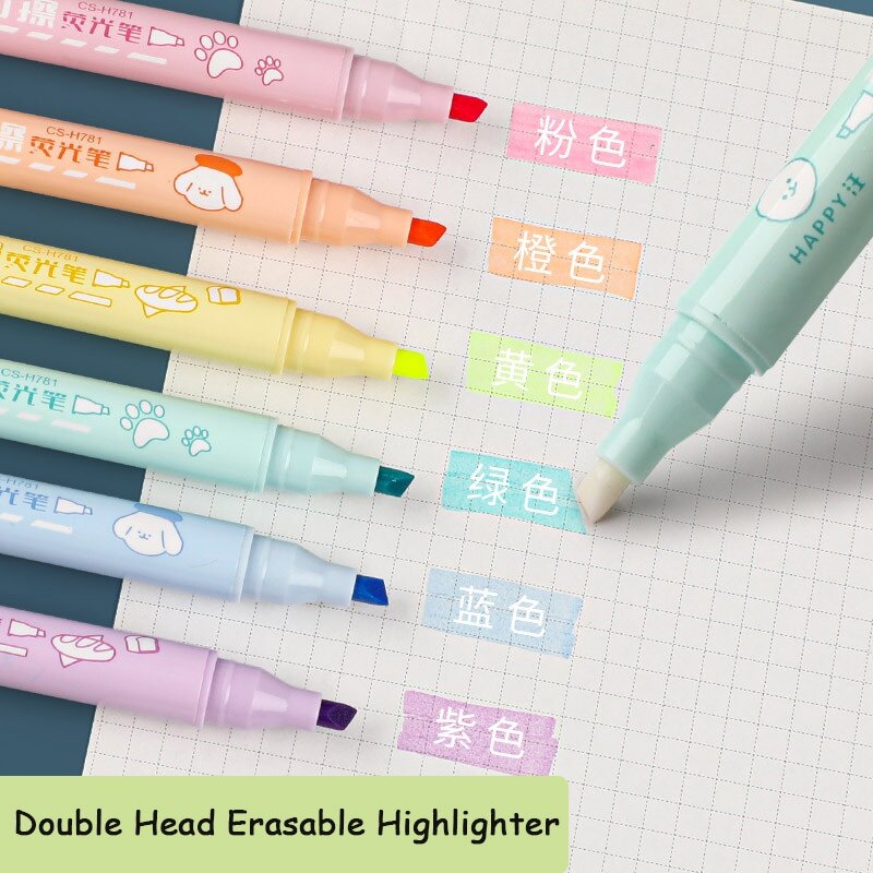 6Pcs Double Head Erasable Highlighter Creative Color Graffiti Account Pen Students Draw Key Marker Pen 6 Color Set Account Pen