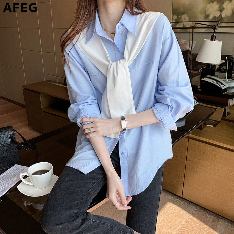 AFEG Korean style new long-sleeved shawl casual shirt for women