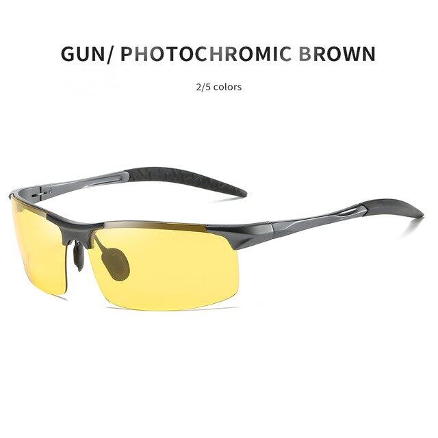 Mens กีฬาอลูมิเนียม Polarized Photochromic แว่นตาสำหรับขับรถวันการมองเห็นได้ในเวลากลางคืน Anti Glare สีเหลืองสีน้ำตาลการเปลี่ยนเลนส์5933