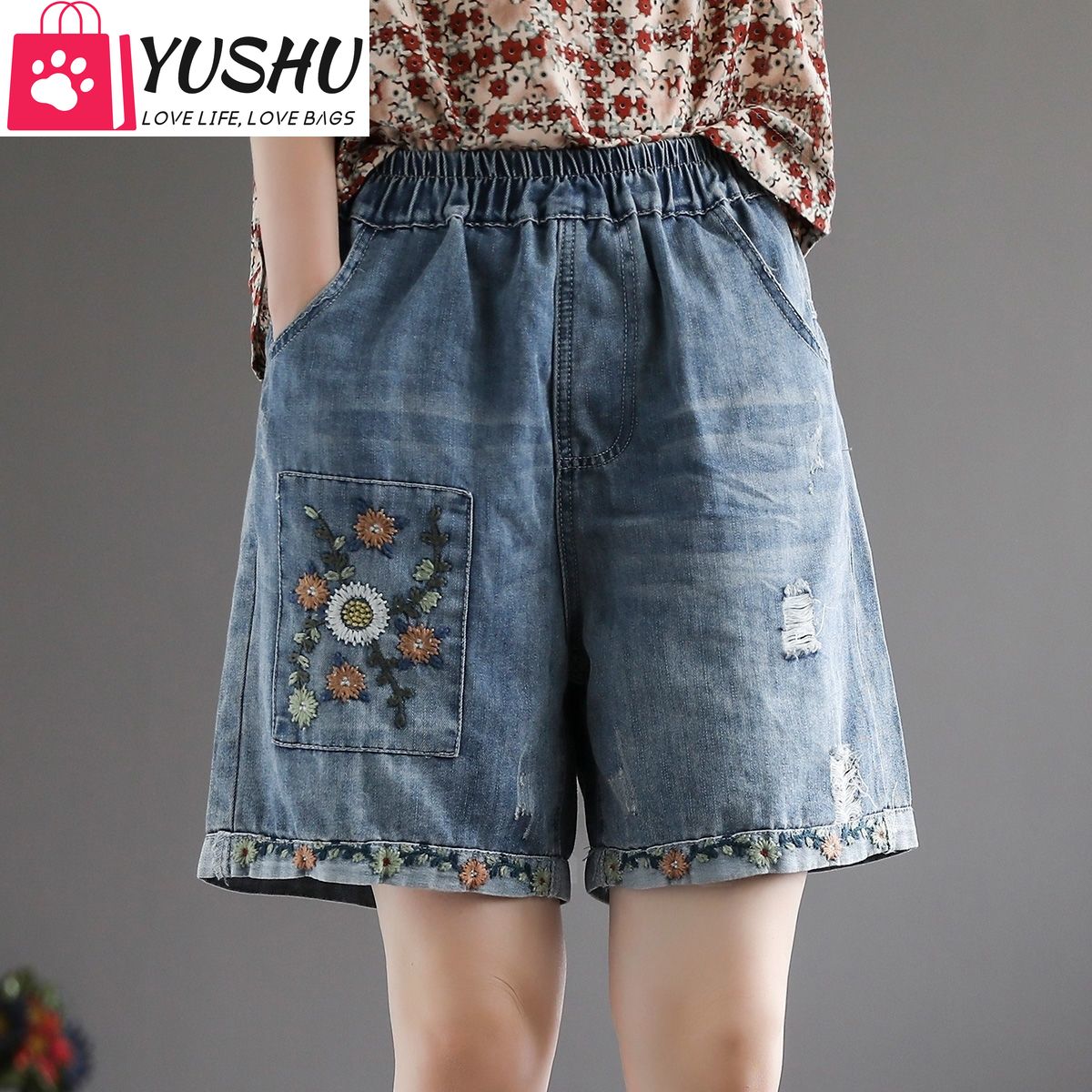 Yushu Women Short Jeans Thin Section 2024 New Retro Ripped High Waist Denim Shorts Ladies Patch Embroidery Large Size Loose Wide Leg Pants
