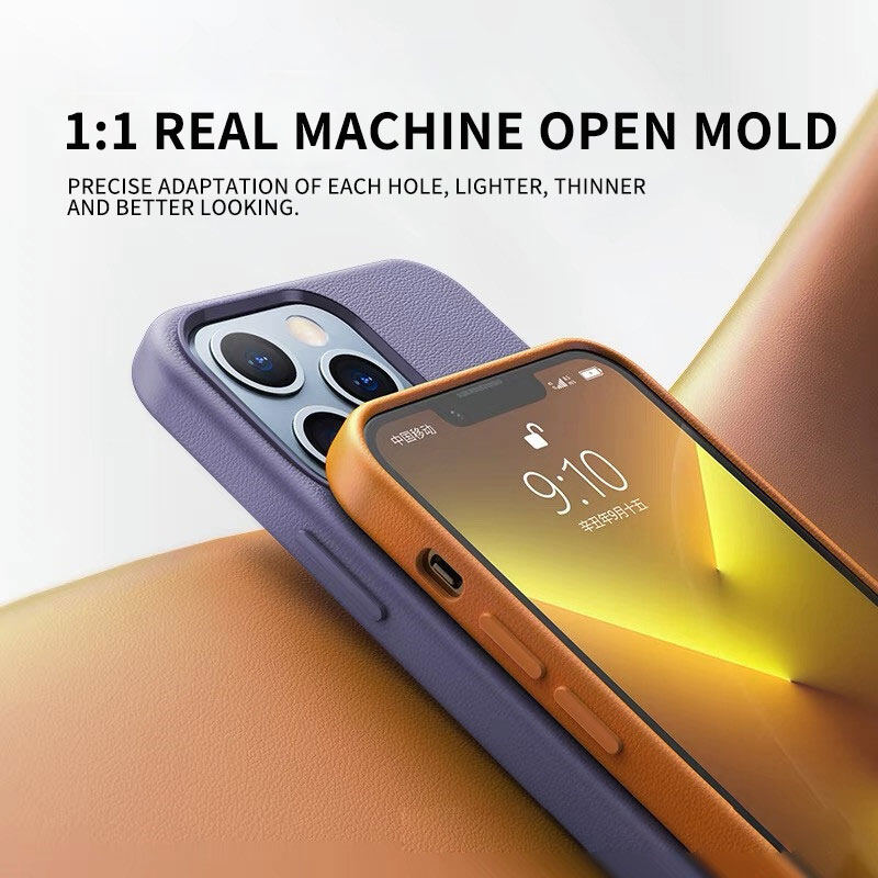 Luxury Genuine Leather Phone Case for iPhone 13 Pro Max with Magsafe/Logo Official Same Shockproof Phone Casing for iPhone 13 Pro/13 Mini/13 with Animation