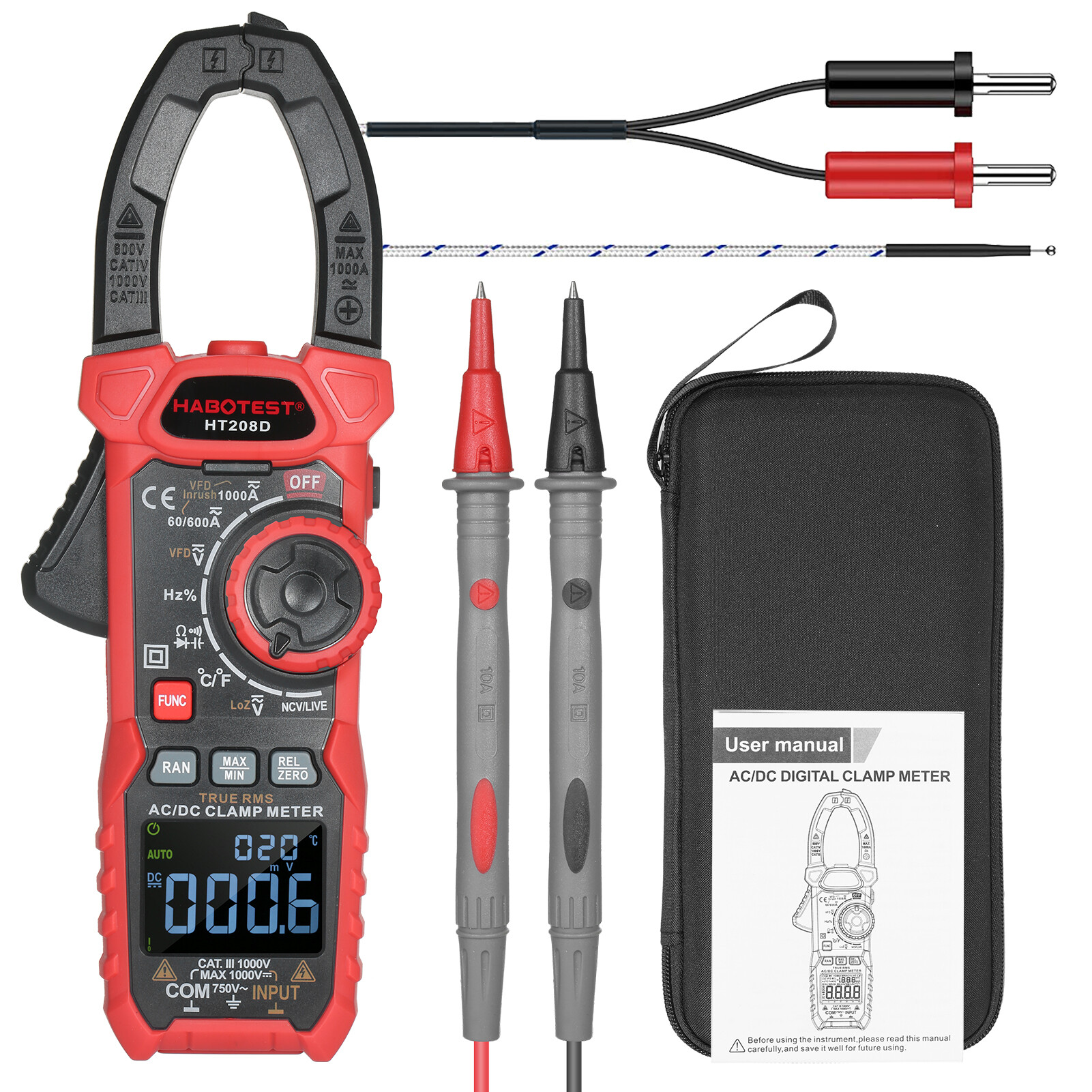 KKmoon HABOTEST AC/DC Digital Clamp Meter True-RMS Multimeter Anto-Ranging Multi Tester Current Clamp with Amp Volt Ohm Diode Capacitance Resistance Continuity NCV Temperature Duty Ratio VFD Tests