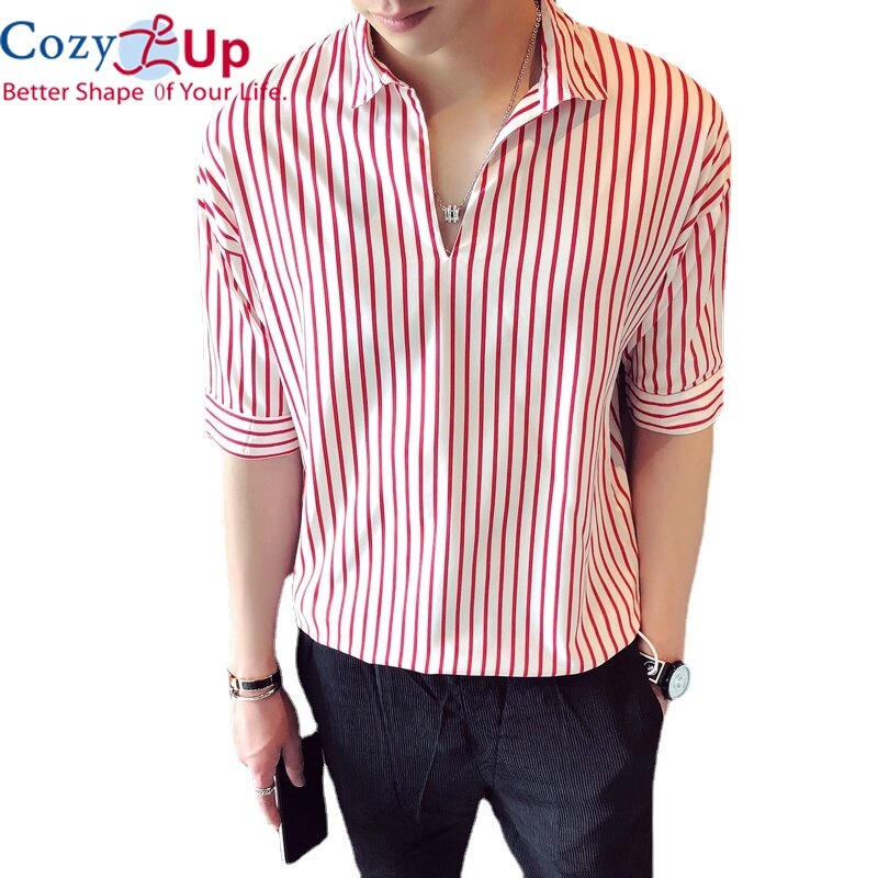 Cozy Up Loose Thin Section Elastic Waist Men Head V-neck Shirts Striped Shirt Men's Striped Casual Shirts