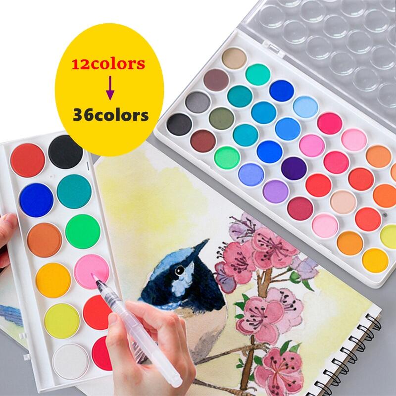12/16/28/36 Colors Solid Watercolor Paint With Wooden Pole Brush Pen Set Portable Water Brush Gouache Pigments School Art Stationery