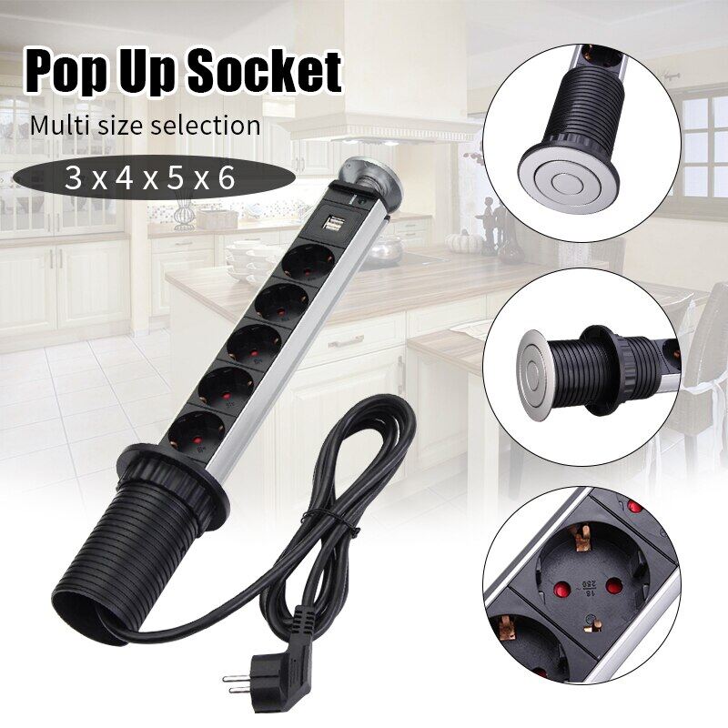 Desktop Hidden Installation Power Socket EU Plug 3/4/5/6 Power Pop Up Socket Kitchen Table Desktop Retractable Electrical Socket With 1 Led+2 Charge USB Aluminum Shelf
