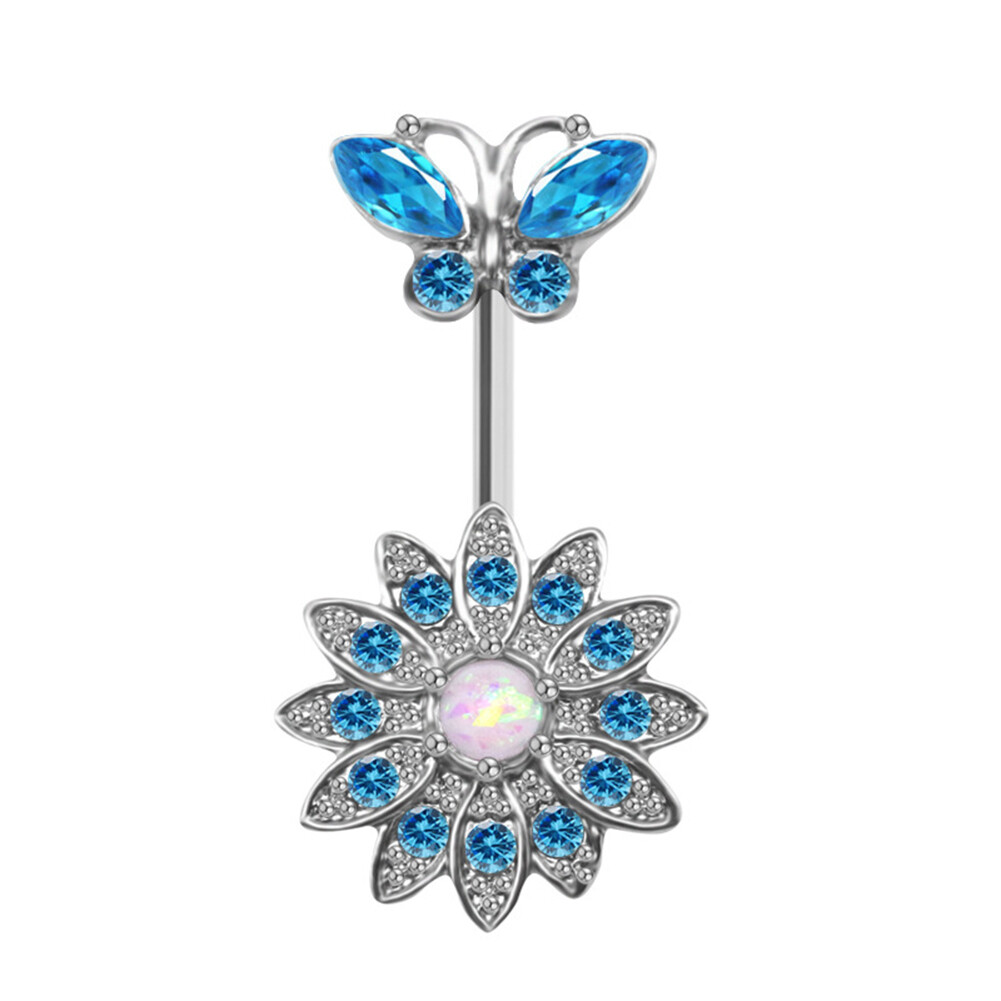 Steel Titanium Blue Flower Crystal Navel Piercing Bars Belly Button ...
