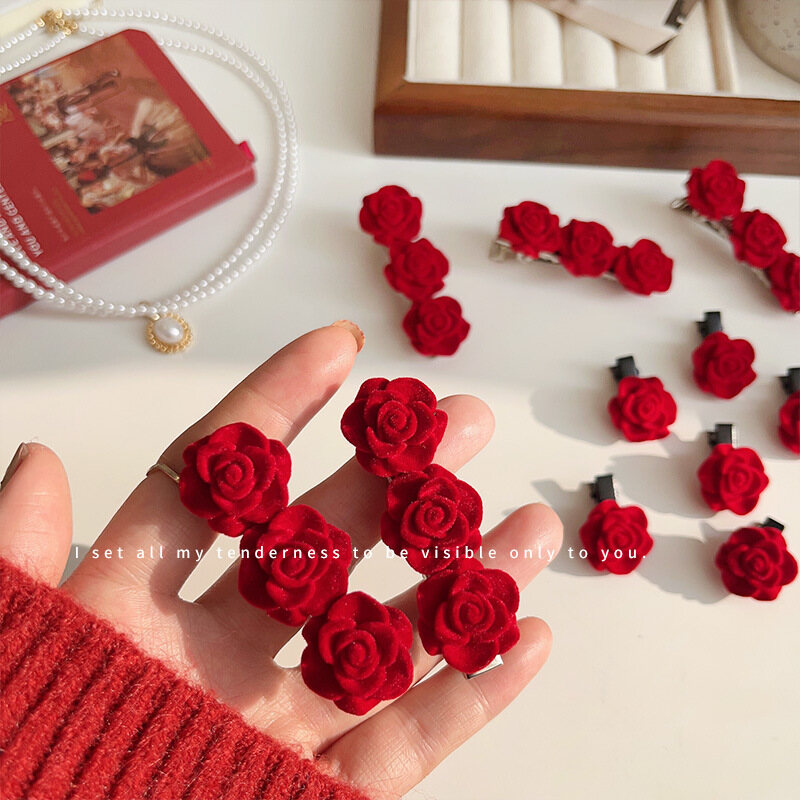 Flocked red rose hairpins