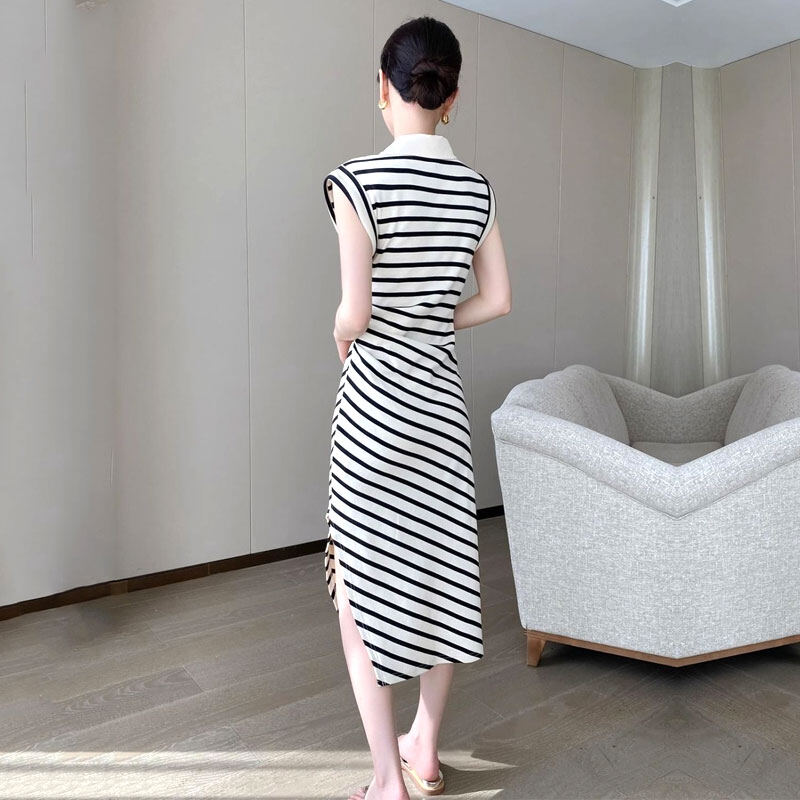 CHICCHIC slimed eo Đầm thời trang cổ áo Polo Sọc Đầm midi