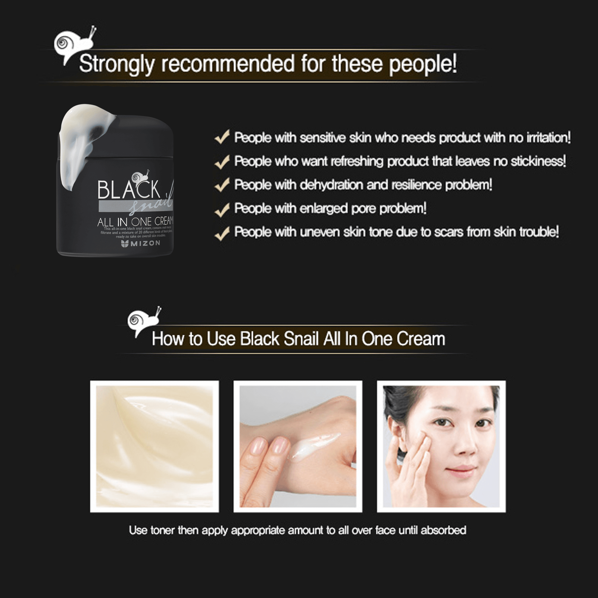 Mizon Black Snail All in One Cream - Multi-Functional Facial Skincare for Revitalized Skin, Restores Youthful Radiance, Suitable for all skin types