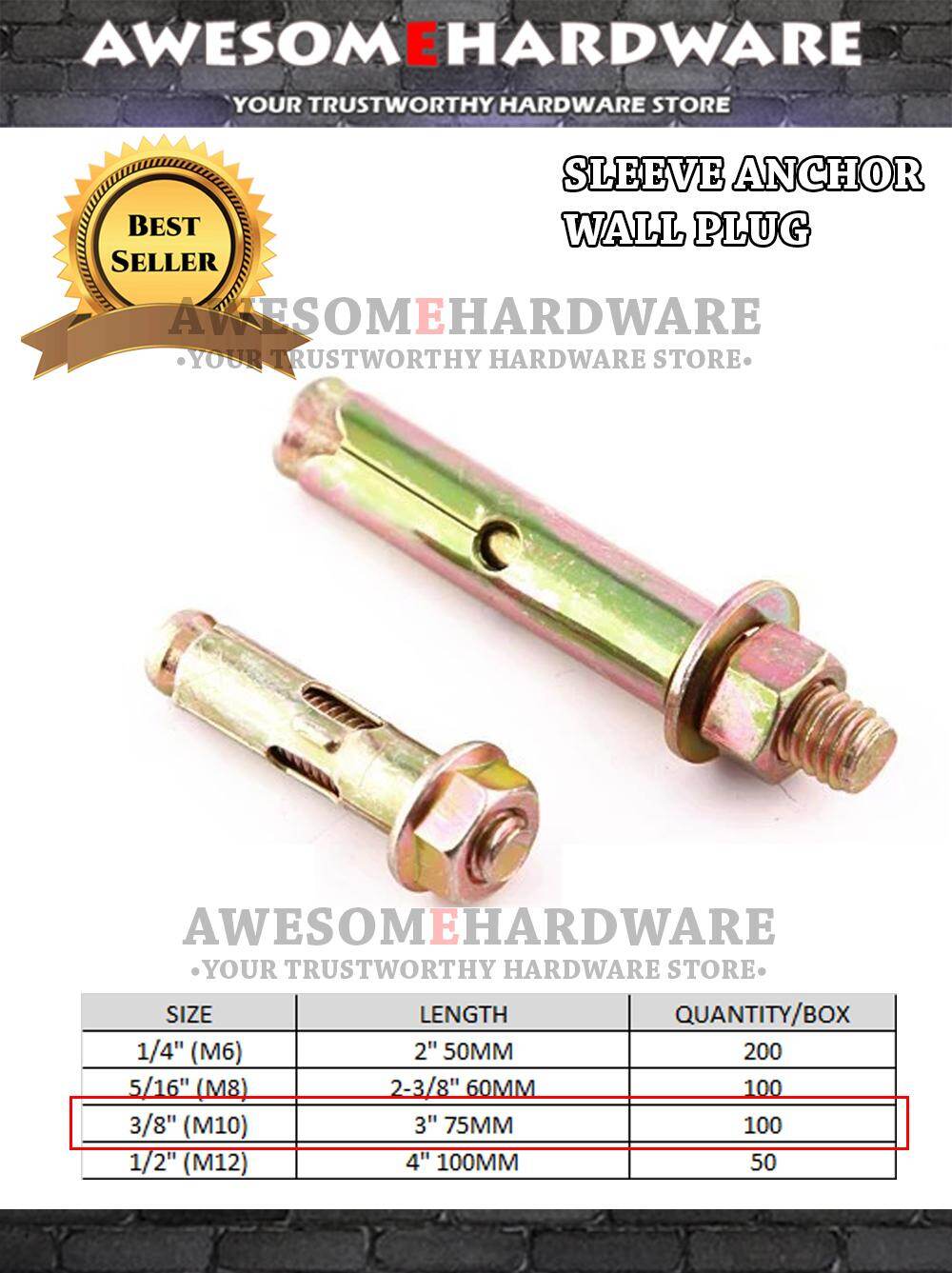 3/8" M10 SLEEVE ANCHOR WALL PLUG WALLPLUG (100PCS) Lazada