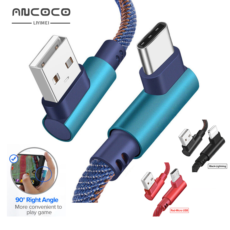 Cáp Sạc Nhanh Truyền Dữ Liệu Micro USB/Loại C/ Lightning 90 Độ Cáp Sạc USB 25Cm 1M 2M Cho Trò Chơi Cho iPhone 11 Pro XS MAX / Android / Type C XR XS X